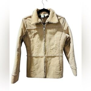 Split 100% Leather Shearling Beige Coat Jacket Size Medium Full Zip Casual Boho